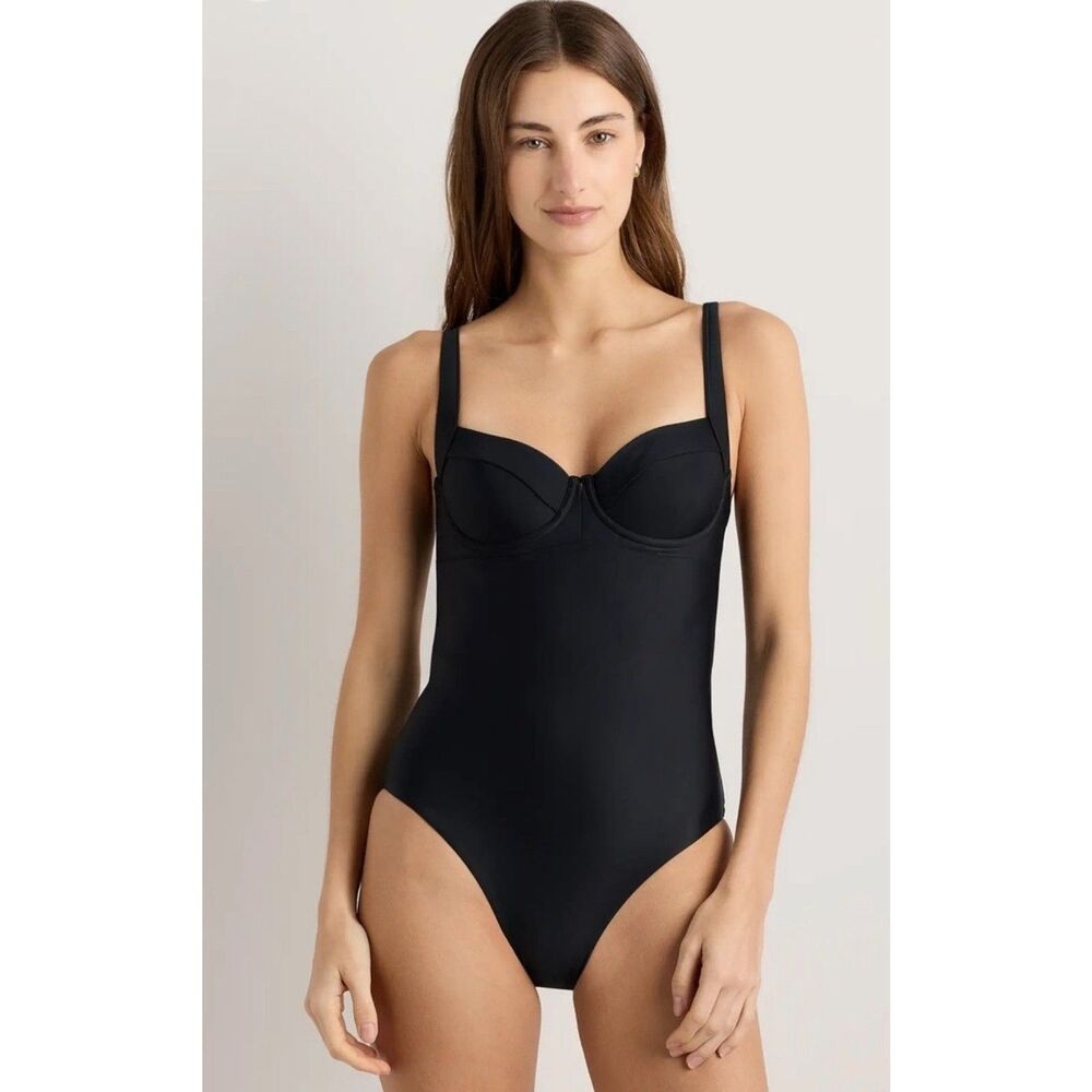 Quince Italian Underwire One Piece Swimsuit Medium Tie Back SPF Black NWT